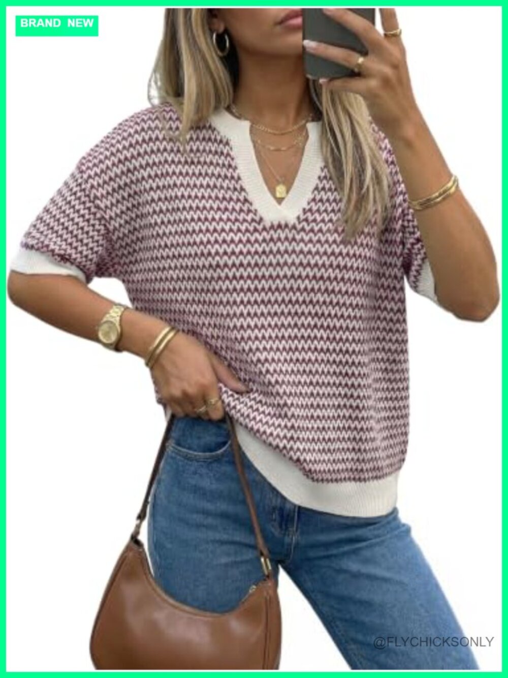 Striped Short Sleeve Sweater V-Neck Polo Pullover Work Casual